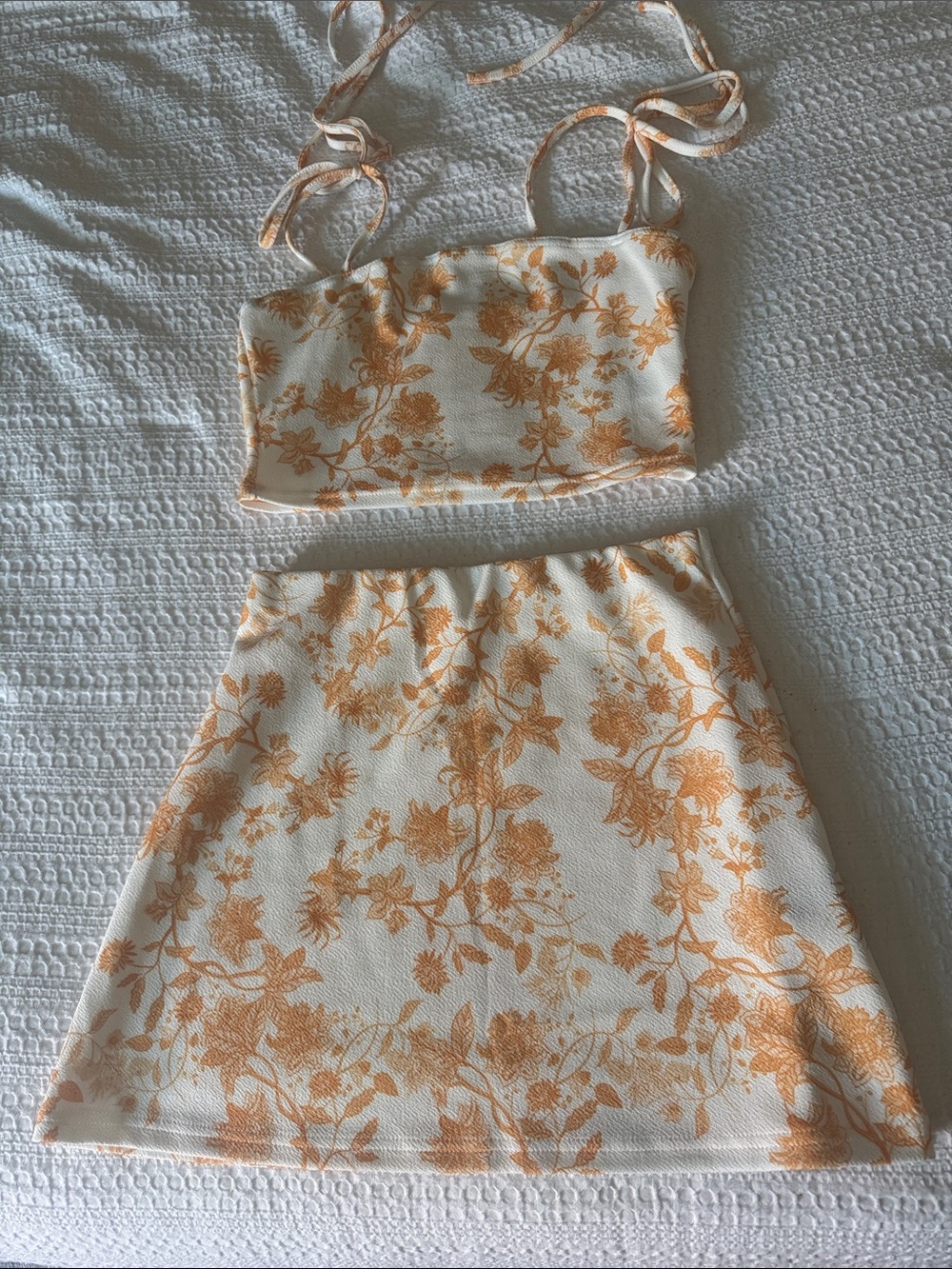 SHEIN White and Orange Floral Two-Piece Skirt Set